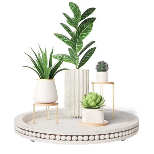 Tray Decor 12" Beaded Round Decorative Trays - Rustic Farmhouse Home Decor for Coffee Table Centerpiece, Living Room, Kitchen, Bedroom - White Wood