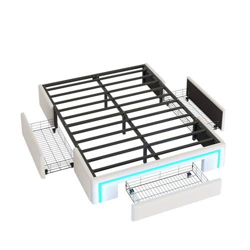 Dolamaní Polsterbett Bettgestell 140x200 cm ohne Kopfteil, PU-Leder Bett Mit LED und Schubladen, Metall Lattenrost Moderne Schlafzimmer Doppelbett (Beige)