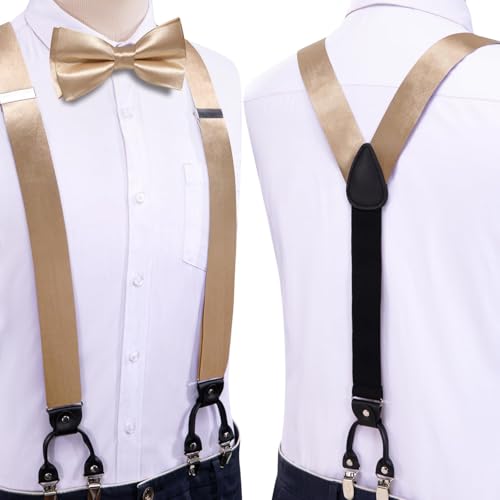 Image of Hi-Tie Men Suspender Bowtie Set Suspenders Pre-tied Bow Tie Pocket Square Cufflinks Adjustable Y Shape 6 Clips Braces Tuxedo