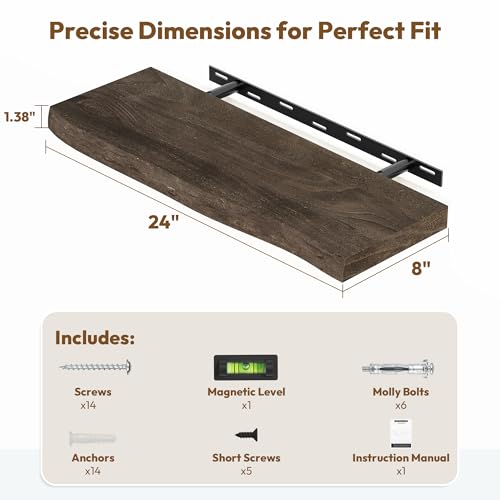 Image of Vivelove Wood Floating Shelves Live Edge 24 inch Set of 2, Dark Walnut