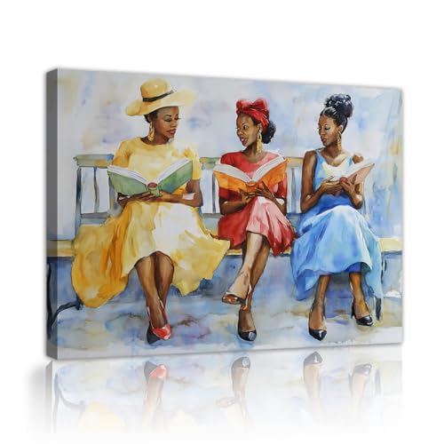 Illustrazioni murali Donne eleganti che leggono libri Immagini Decorazioni murali Ritratti vintage ad acquerello Stampe su tela Giallo blu Abiti giallo e blu Opere d'arte 60x80cm Innerframe