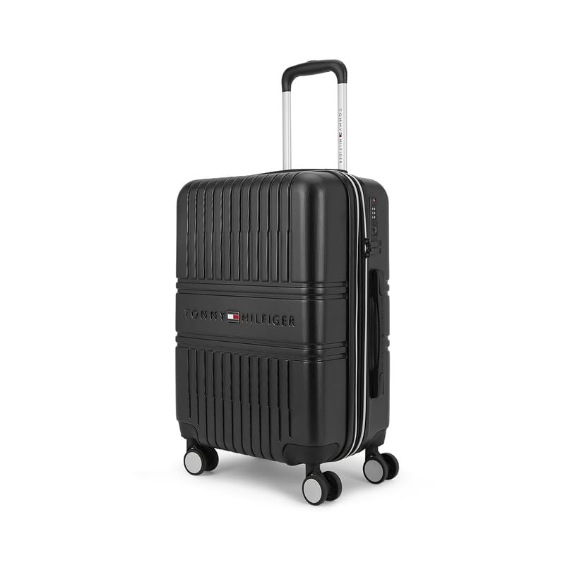 Image of Tommy Hilfiger Stanford Small Check-in Luggage | Black Hardshell Suitcase, 50L Capacity | Polycarbonate Expandable Trolley Bag with Flushed TSA Lock, 360 Spinner Wheels & Telescopic Handle | 56cm