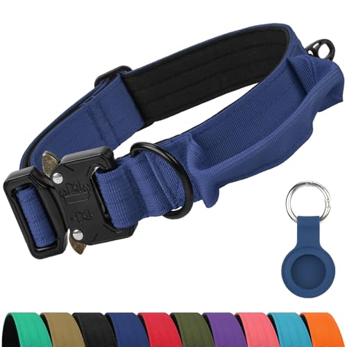 Joytale Tactical Dog Collar with Handle, AirTag Holder, Navy Blue, M