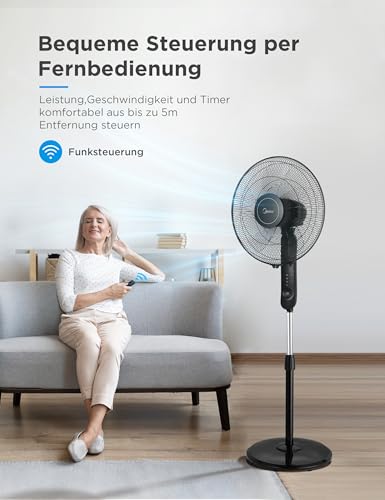 Midea FS40-15FR Standventilator Leise mit Fernbedienung,3 Geschwindigkeitsstufen,LED Anzeige, 7,5H Timer,höhenverstellbar, 80°Oszil-lationsfunktion, 55W Kraftvoller,Ventilator,Luftzirkulation, Schwarz