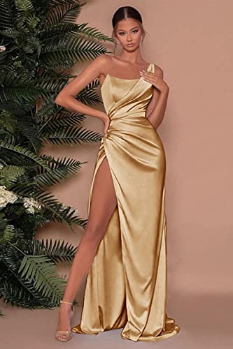 One Shoulder Prom Dresses with Slit for Women Long Pleated Satin Mermaid Evening Party Gowns3