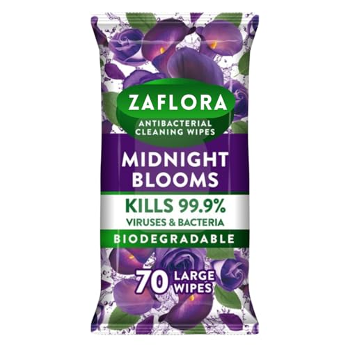 Zaflora Midnight Blooms Antibacterial Cleaning Wipes 70 Large Biodegradable Wipes, Kills 99.9% Viruses & Bacteria, Multi-Purpose Surface Disinfectant Wipes for Home, Kitchen & Bathroom