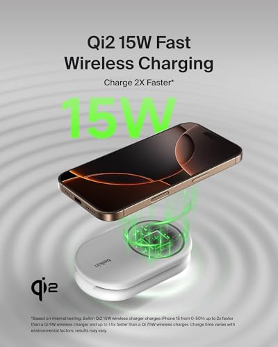 Image of Belkin MagSafe Qi2 Wireless Charger | 2-in-1 Magnetic Foldable 15W | Fast Charger for iPhone 16, 15, 14, 13, 12 | Charging Station with Non-Slip Base | PSU Included | White