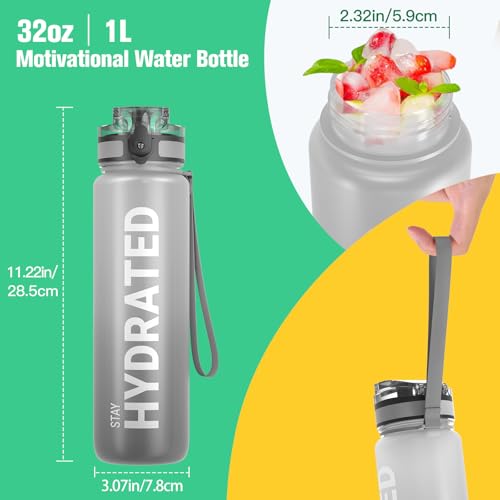 Sahara Sailor Water Bottle 32oz, Durable and Leakproof Water Bottles Motivational with Time Marker, Tritan, BPA Free, Wide Mouth with Easy Clean Brush for Gym, Travel, Home, School, Office (1 Bottle)
