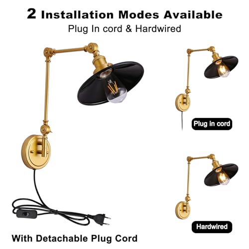 Image of Swing Arm Wall Lamp Plug In, Set of 2 Modern Gold Cordless Wall Sconce For Bedroom Bedside, Living room, Study, Vintage Reading Wall Mount Light Fixtures, Warm Brass Finish Decor, Black, 2 Pack