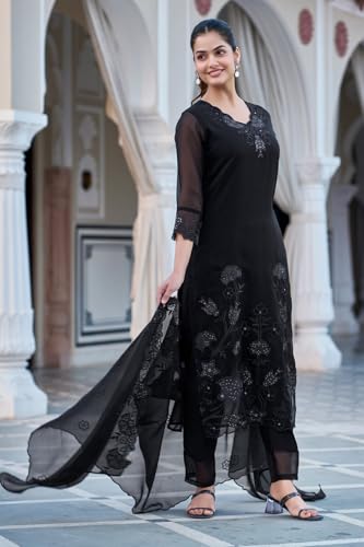 Ensemble kurta georgette brodée Yashika noir pour vos soirées