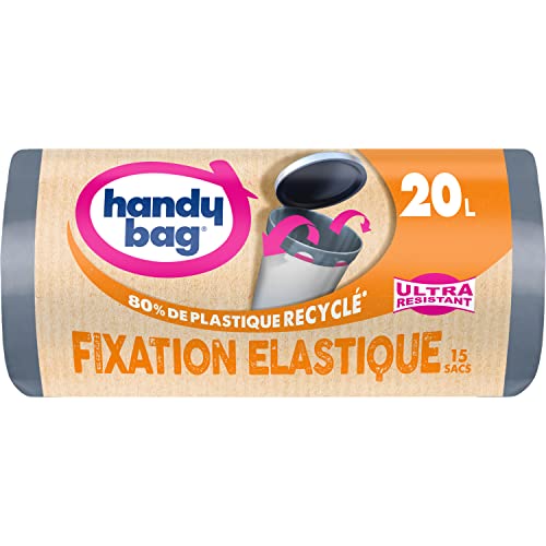 Handy Bag Rollos de 15 bolsas de basura de 20 L, cierre elástico, 80% plástico reciclado, cierre elástico con asas deslizantes, 3 capas a prueba de fugas, 45 x 50 cm