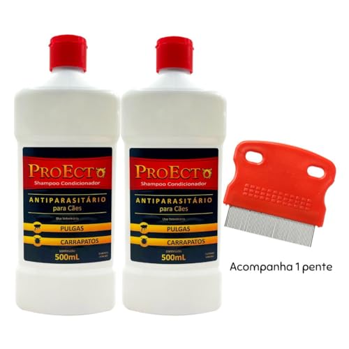 Shampoo Antiparasitário ProEcto para Cães, 2 Frascos de 500ml, com Pente - 2 em 1 Shampoo e Condicio