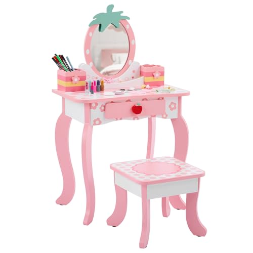 Image of Vanity Set,ShyneeMakeup Dressing Vanity Set Wooden Princess Makeup Table with Cushioned Stool,Drawer,Wooden Legs and Mirror, Make Up Dressing Play Set for Girls (White)