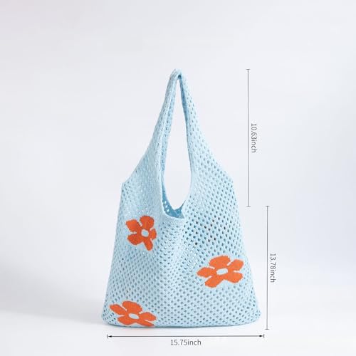 Knitted Flower Design Beach Mesh Tote Bag for Women, Stylish Shoulder Handbag Perfect for Grocery Shopping2