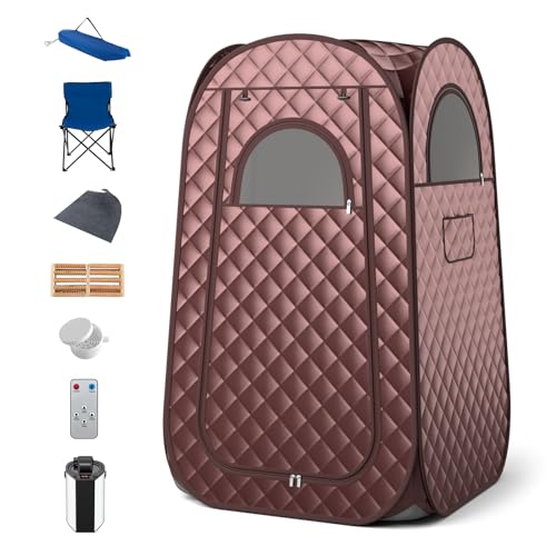 RELAX4LIFE Portable Steam Sauna, Personal Full Body Spa Sauna Tent with 3L Steam Generator, Remote Control, Foot Massager & Foldable Chair, Slimming Detox Therapy Pop-up Home Sauna Cabin (Coffee)