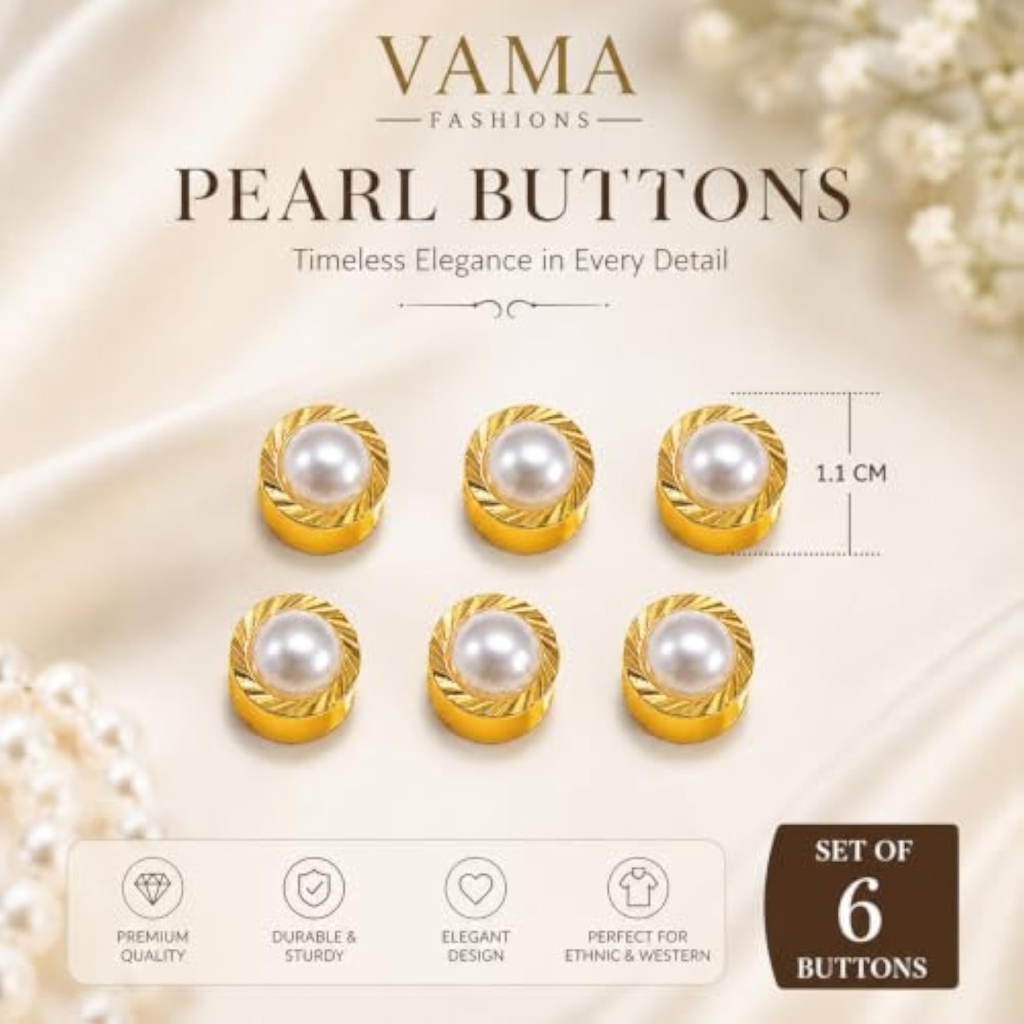 6 Pcs Plated Round Pearl Kurta Cufflinks Goli Shape