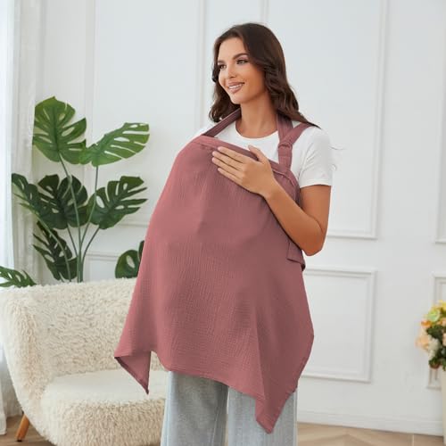 Nursing Cover for Baby Breastfeeding with Rigid Hoop, Breathable Soft 100% Muslin Cotton, Baby Breast Feeding & Pumping Apron (Wine red)
