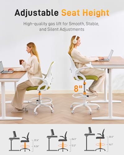 Image of LukkDys Drafting Chair with 4D Multi-Adjustable Backrest, Tall Office Chair 19.7 inch-27.6 inch Seat Height, Ergonomic Standing Desk Chair with Flip-up Arms, Foot Ring, Green&White