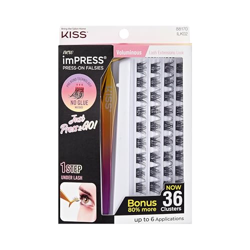 KISS imPRESS Falsies Self Adhesive Eyelashes, Press On Lashes, 12mm-14mm Glam Volume Lashes, Black, No Glue Needed, Invisible Band, 36 Lash Clusters & Non-Stick Applicator - Voluminous