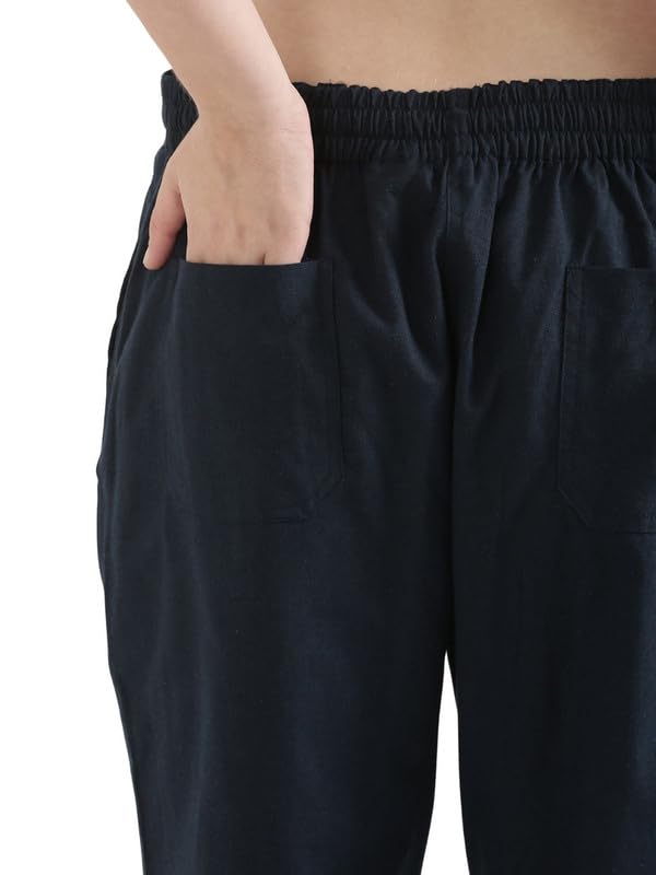 Image of SAADAA Women's Airy Linen Straight Pants | Regular Fit Trousers | Half Elasticated with Drawstrings & Buttons | 4 Pockets | Everyday & Office Wear