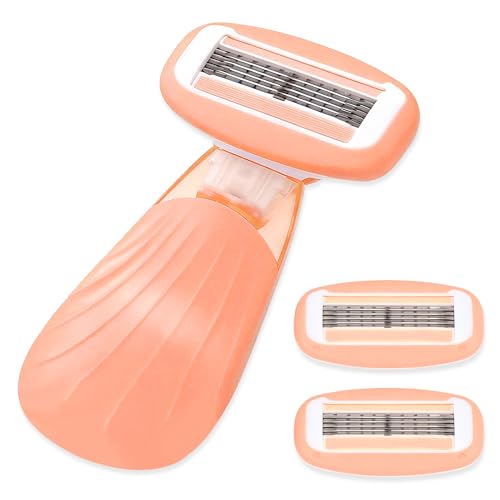 Keropy Women's Travel Razor with Lubricating Strip – 5-Blade Compact Shaver for Sensitive Skin, Includes 1 Handle + 2 Cartridges & Protective Case, Orange
