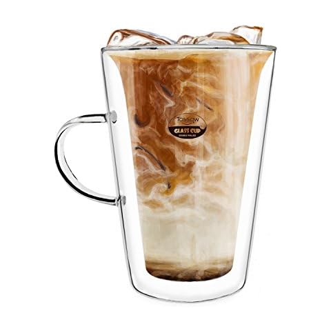 TOSSOW 15 OZ Glass Coffee Mug Set of 1 Pieces Double Wall Insulated Glasses Latte Cappuccino Espresso Glassware with Handle Glass Cup Milk Tea Coffee Milk Breakfast Cup Oats, etc Cover