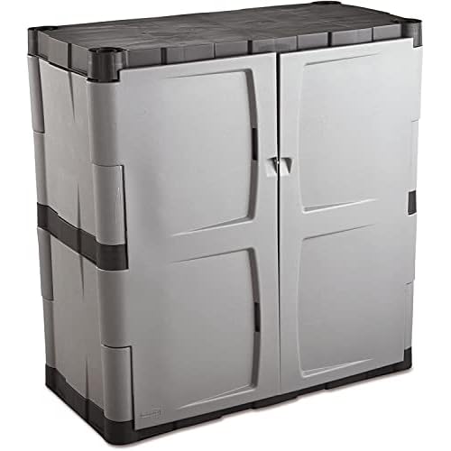 Rubbermaid Freestanding Storage Cabinet with Doors 18″D x 36″W x 37″H Medium Gray/Black Two-Shelf Lockable Cabinet for Indoor/Outdoor/Garage Storage for Garden Tools/Lawn Care Accessories