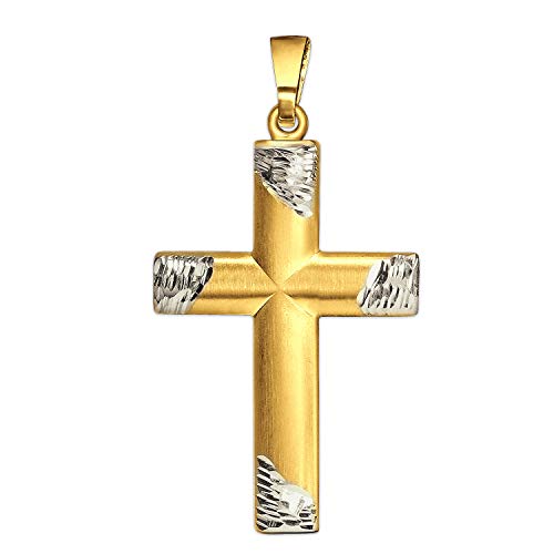 CLEVER SCHMUCK Goldener Damen oder Herren Anhänger Kreuz 24 x 15 mm Bicolor seidenmatt halbrund gewölbte Form mit Enden diamantiert glänzend 333 Gold 8 Karat