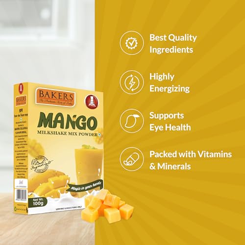 Bakers Milk Shake Mix |Mango Flavour | 100g Box | Tasty and Refreshing | Easy to Make | Loved by Kids | No Artificial Flavor | Long Shelf Life | Premium ingredients | Authentic Taste (100gm X Pack 6)