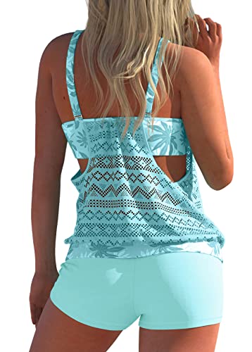 Tankini Bathing Suits For Women Tummy Control Swimsuits 2 Piece Swimwear Top With Boyshorts Lake Blue #TOP2
