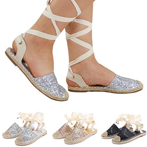 Gibobby Sandals For Women Platform,Women Lace Up Espadrille Flats Side Cutout Ankle Strap Holiday Sandals With Pompon #TOP3