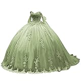 Ftupza Sage Gorgeous Floral Quinceanera Dresses Ball Gown Puffy Tulle Sweet 16 Dresses Off Shoulder Prom Dresses Long Ball Gowns Pettie Size