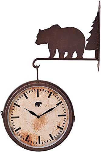 NIKKY HOME Bear Clock Double Sided Wall Clock Cabin Home Decor Rustic Forest Farmhouse Vintage Metal Cute Hanging Large Clock Nature Animal Decorative Gift for Living Room Bedroom Kitchen, Brown Bear