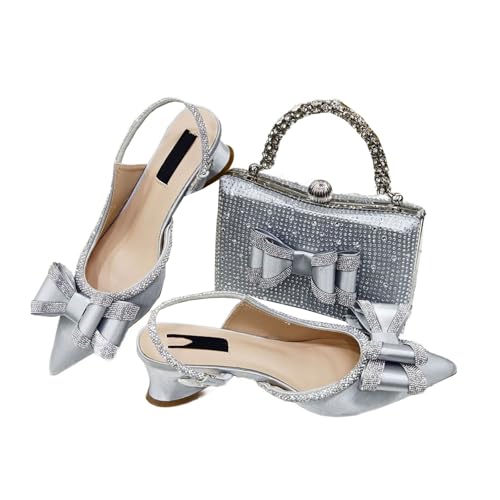 Women Shoes and Bag Set African Ladies Sandals High Heels Pumps Match with Handbag Clutch Escarpins Femmes Sandales Silver