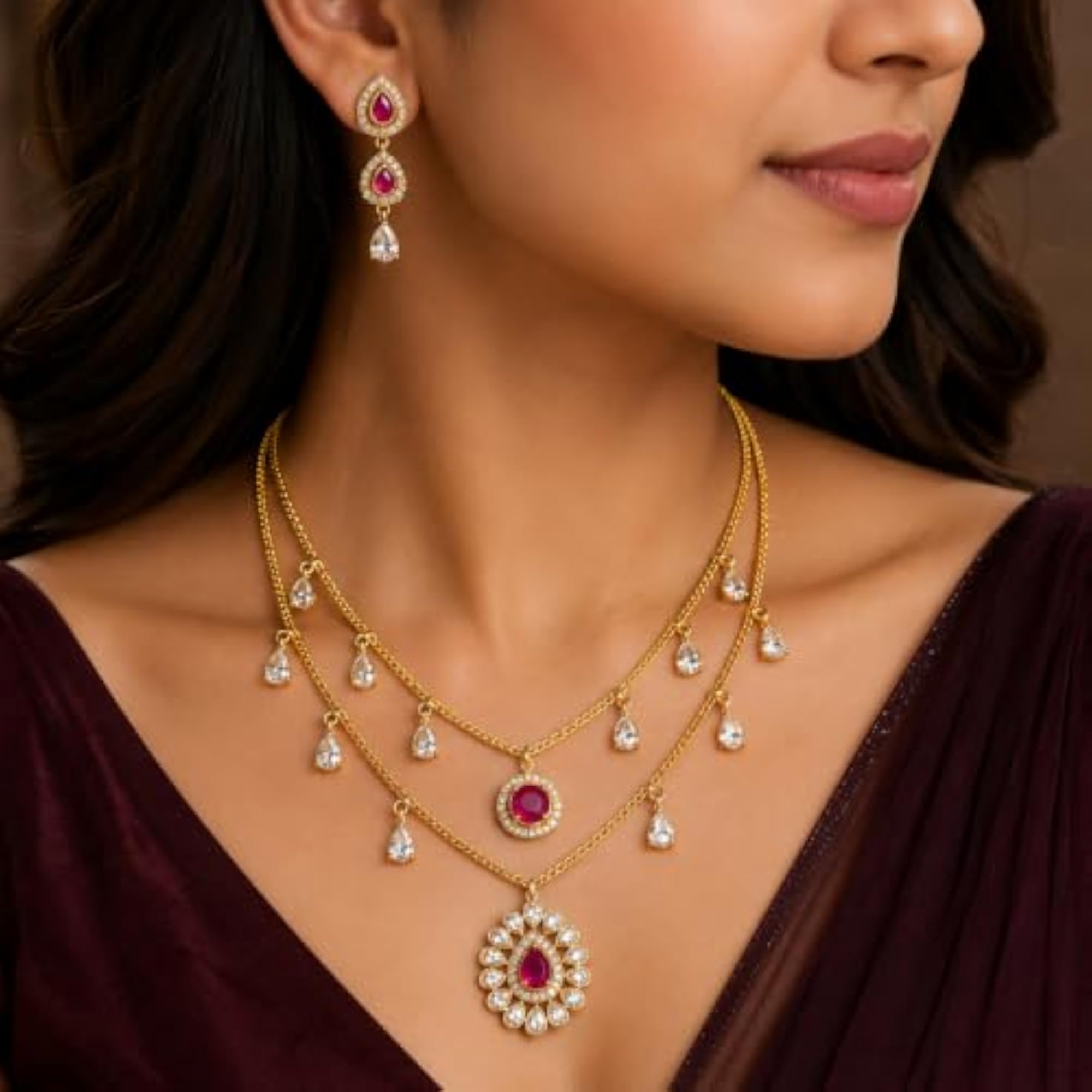 Gold Plated Ruby Pink Layered Necklace Set for Women