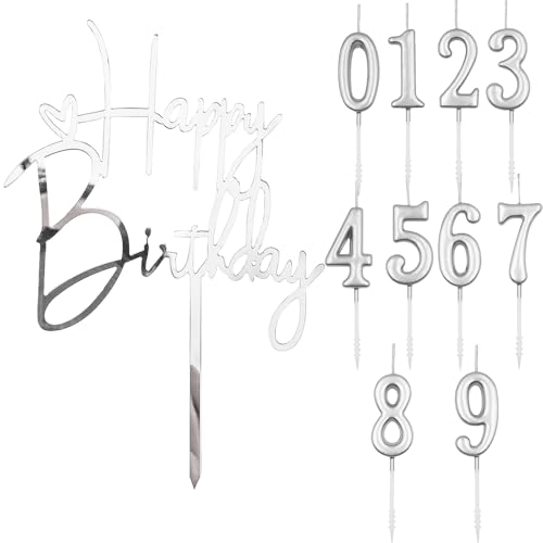 Gleevio Silber Happy Birthday Tortendeko mit Geburtstagskerzen Zahlen 0-9, Tortendeko Geburtstag, Cake Topper Happy Birthday Deko Torte, Acryl Kuchendeko Geburtstag 1,6,7,9,18,20,30,40,50,60