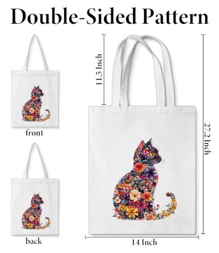 Image of Cute Cat Canvas Tote Bag for Women， Aesthetic Reusable Shoulder Bag for Shopping Travel Work