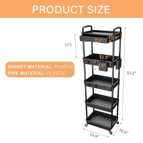 Image of 5 Tier Rolling Utility Cart with Drawer,REBECAT Utility Cart Made of Multifunctional Storage Organizer Tool for Kitchen,Bathroom,Living Room,Office(Black)