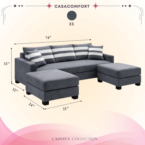 Image of Kassian 5 Seater L Shape Sofa Set with 2 Movable Ottomans | Flexible Layout | Rich Velvet Suede Fabric | Silver Legs | Modern Sofa for Living Room (Dark Grey)