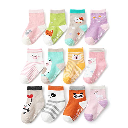Baby Toddler Non Slip/Anti Skid Ankle Socks for Boys and Girls 12 Pairs (Animal, 12-36 Months)
