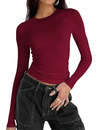 Zeagoo Damen Langarmshirt Basic T-Shirt Y2K Crop Tops Slim Fit Oberteile Casual Rundhals Tee Shirt Streetwear XS-XL