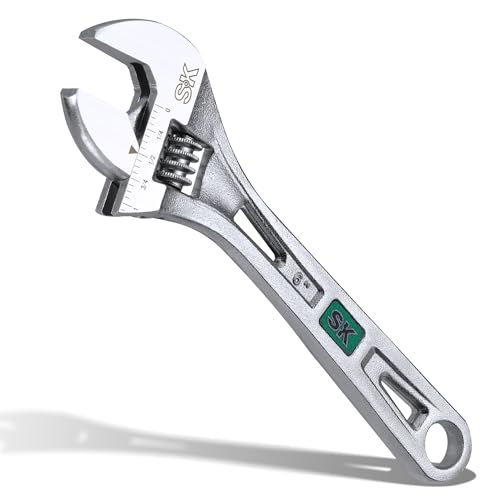 Image of SK 6-Inch Adjustable Wrench, 15 /16 inch Jaw Capacity, SAE&Metric Scales | X-Frame Handle, Precision Jaw, Heat Treated CR-V Steel, Chrome-Plated Rust Resistant Finish