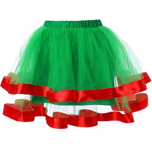 TWINKLEDE Christmas Women Tutu Skirts Elastic Layered Tulle Skirt Ribbon Tutus Skirt Xmas Party Costume Tutu for Women and Girls (Green & Red-2 Layers)