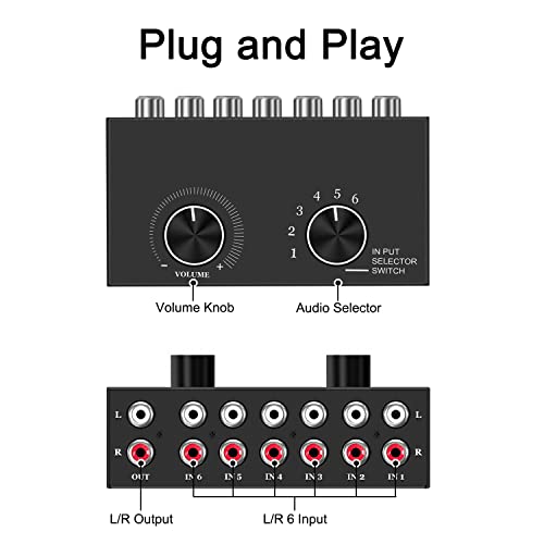 Image of Dingsun 6-Way Audio Switcher, Right and Left Channel Stereo Audio Switcher, Plug & Play Compatible with TV, Blu -Ray Player, DVD Player, CD, Amplifier, Speaker (6 in-1 Out)