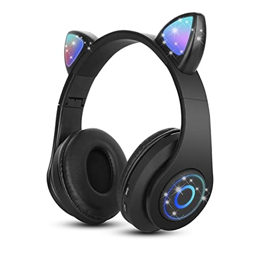 Sendowtek Auriculares Inalámbricos para Niños, Diadema Manos Libres con 3.5mm Cable Micrófono Integrado y Luz LED, Cascos Bluetooth Orejas de Gato para Niñas Chica y Adultos Vacaciones (Negro)