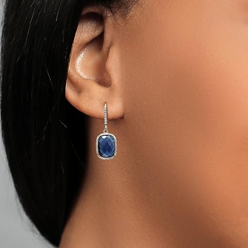 Gem Stone King Blue Simulated Sapphire Drop Dangle French Wire Earrings For Women | 925 Sterling Silver | 13X9MM Cushion Checkerboard Cut | 4.60 Cttw4