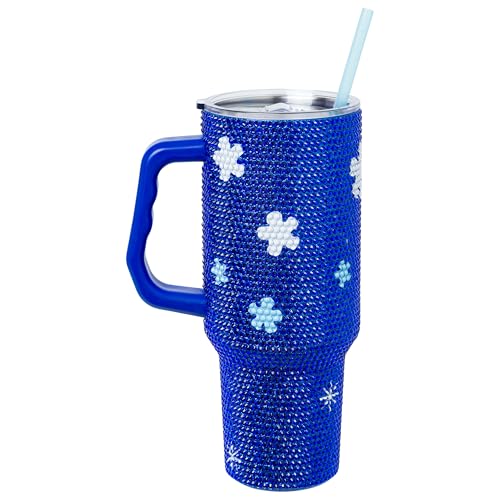 Image of Silver Buffalo Disney Lilo & Stitch Wink Face Stainless Steel Tumbler, 40oz | Disney, Blue, 1.2 Liters, Double-Walled, Handle, Straw, Straw Cap, Rhinestone Finish