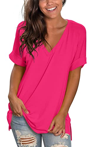 Image of Sampeel Women's V Neck T Shirts Casual Rolled Short Sleeve Side Split Summer Tops Loose Fit