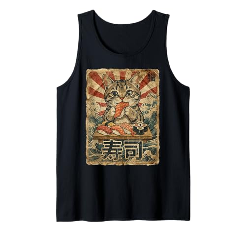 Hombres Mujeres Divertido Arte Japonés Estilo Vintage Gato Comer Sushi Camiseta sin Mangas