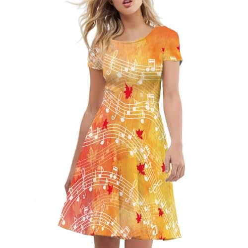 Biyejit Vestidos con estampado 3D para mujer, de manga corta, casual, con vuelo, vestido de fiesta acampanado, Hojas de arce, 4XL